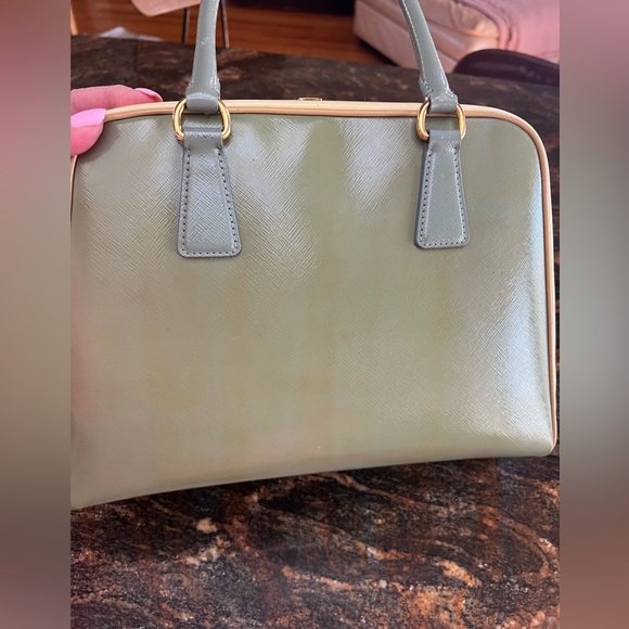 Prada Lago Blue Saffiano Vernice Top Handle Lux Leather Pyramid Frame Bag - Picture 12 of 15